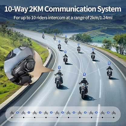 Motorcycle Helmet Bluetooth Headset, 10 Riders 2000M Communication Systems, Multitasking Audio Helmet Radio with Premium Microphone&40mm Hands-Free Speaker, Stereo Sound Motorcycle Intercom