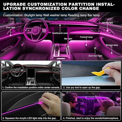 Acrylic Interior Car LED Strip Light with Wireless APP, 10 in 1 with 175 inches 593 LEDs Neon LED Strip Light, RGB Colors Dynamic Music Sync Car Ambient Lighting Kits