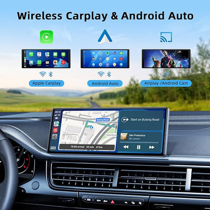 LAMTTO 9.26-inch Wireless CarPlay Screen for Car Compatable with Apple CarPlay& Android Auto,Portable Car Stereo with GPS Navigation,Bluetooth,Mirror Link,Drive Play,Touch Screen for All Vehicles