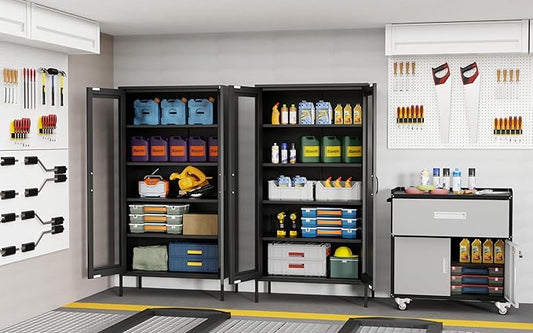 73 '' Metal Garage Storage Cabinet, 2 Doors and 4 Adjustable Shelves, mesh Door Design, can be Used to Store Tools, consumables, Books, etc., for Office, Home, Garage, Gym, School (Black)