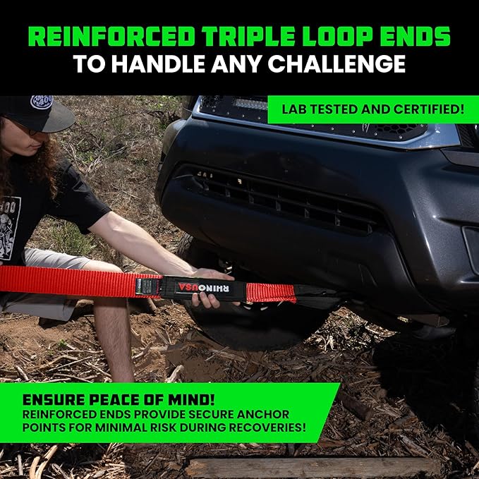 Rhino USA Recovery Tow Strap (3"x20') - 31,518lb Break Strength- Emergency Recovery Strap Tow Rope for Truck, UTV, ATV & More - Heavy Duty Towing Strap for Offroad 4x4 Use - Compatible with Jeep (Red)