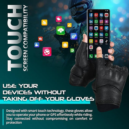 aasportx Motorcycle Gloves - Men's Leather Motorbike Gloves with Touchscreen Function - Non-Slip Pads for Men & Women