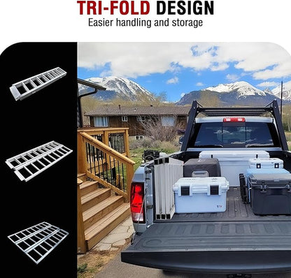 Rockland Tri-Fold Aluminum Loading Ramp, 69'' x 45'', 1500 LBS Loading Capacity, Portable Ramp for Motorcycles, Ebikes and ATVs, with 2 Safety Straps Included