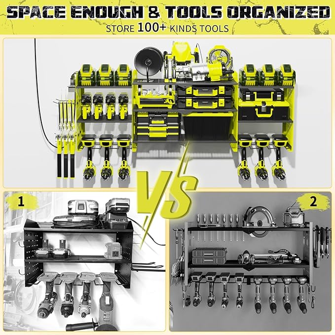 45" Large Power Tool Organizer Wall Mount with Charging Station - 3 Layer Storage Racks with 8 Cordless Drill Holder, 4 Hooks, Heavy Duty Garage Tool Organizer Storage for Workshop Pegboard Basement