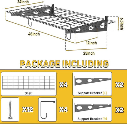 Ultrawall Garage Wall Shelves, 2 x 4 ft Wall Mounted Storage Shelves, Heavy Duty Wall Shelving with Hooks, Holds Up to 220 Lbs, 2Pack, Black