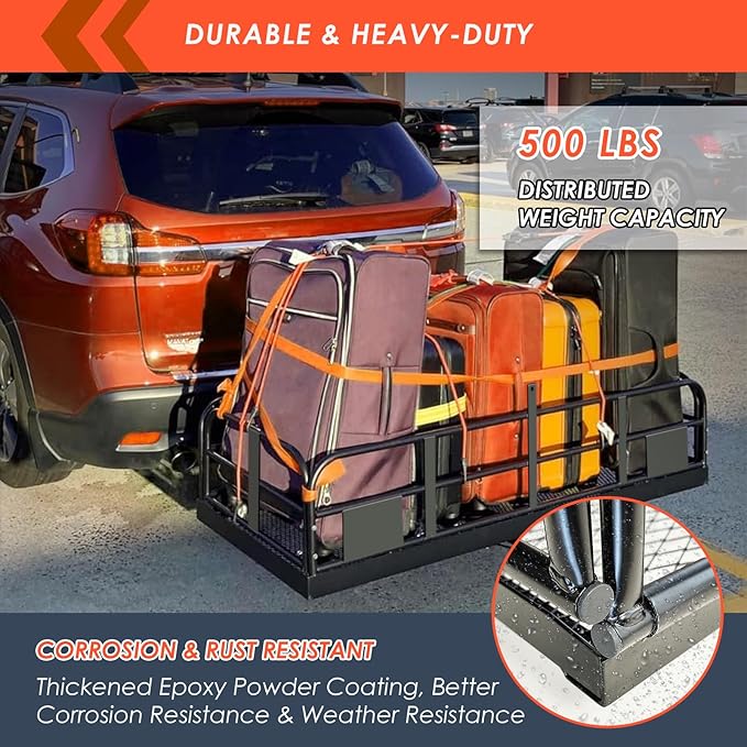 MeeFar High Rail Trailer Folding Hitch Mount Cargo Carrier Basket 60" X 24" X 14"+Waterproof Cargo Bag 20 cu ft(59" 24" 24"), Capacity of 500 Lbs with Hitch Stabilizer, Net, Lock and Straps