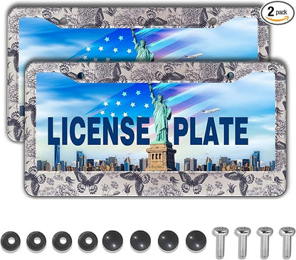 Automotive Exterior Accessories Black and White License Plate Frames Butterfly Flowers Universal Aluminum Car Accessory 2 Pack with Screw Covers Set