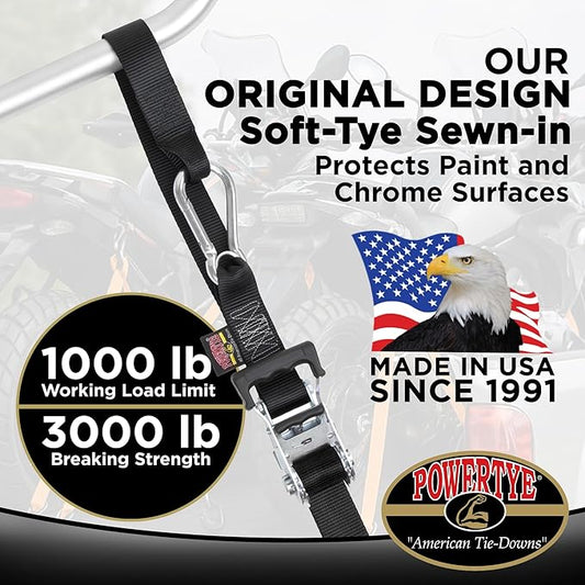 PowerTye - Made in USA - Heavy Duty Ratchet Tie Down Straps with Carabiner Hooks & Sewn-in Soft-Tye, for Motorcycle, ATV, Trailer & Cargo, 1,000 lb WLL, 1.5 inch x 6.5ft Long, Yellow/Black (Pair)