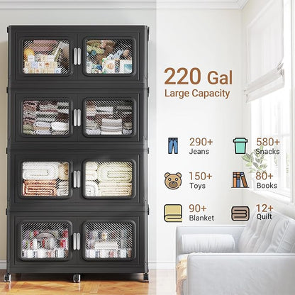 880 Qt Stackable Storage Bin with Lid, 220Gal Extra Large Collapsible Storage Boxes, Folding Plastic Drawer, Heavy-Duty Store Cabinet, Closet Organizer for Home Kitchen, 4 Pack Black