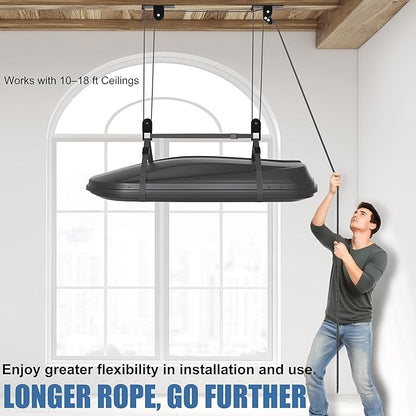 Cargo Box Pulley System for Garage Storage, Heavy-Duty Kayak/Canoes/Bikes/Ladders Ceiling Hoist, Hold Up to 150 lbs Capacity, Fit 10-18 Foot Ceilings, Black
