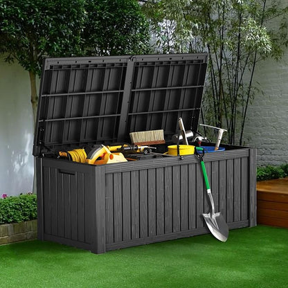 180 Gallon Resin Deck Box, Waterproof Outdoor Storage Bin for Patio Furniture, Pool Accessories, and Garden Tools, Lockable & UV-Resistant, Black