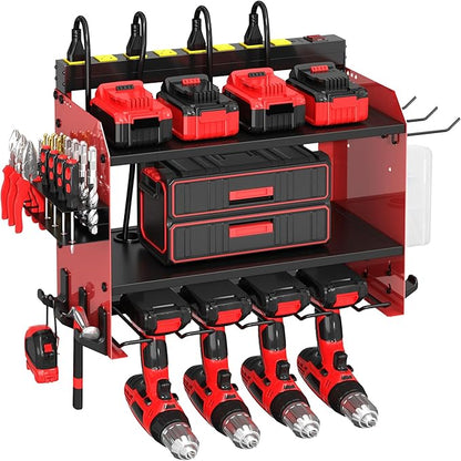 Power Tool Organizer Wall Mount wtih Charging Station,4 Drill Holder Wall Mount with 8 Outlet Power Strip,3 Layers Heavy Duty Tool Rack with Hooks,Screwdriver Organizer in Workbench,Garage