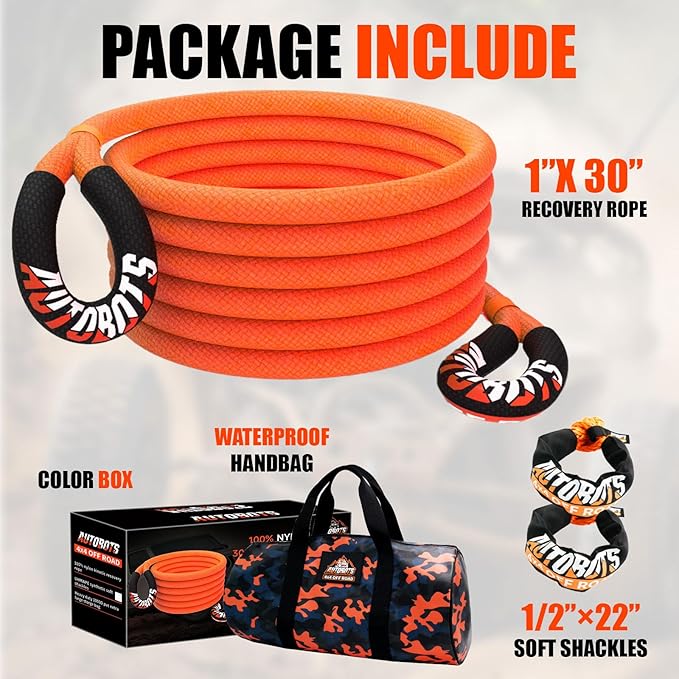 AUTOBOTS Kinetic Recovery Rope 1" x 30'(48,600lbs)+2 Soft Shackles，Heavy Duty Tow Rope Tow Strap for Truck ATV UTV SUV Car，Offroad Recovery Kit