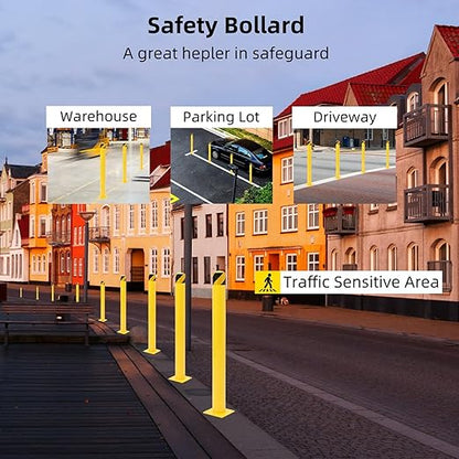 4-Pack Heavy Duty Safety Bollards, 48" Height, 4.5" Diameter Steel Pipe Bollard Post with 16 Anchor Bolts, High-Visibility Yellow Parking Bollard for Traffic Control, Warehouses, & Pedestrian Safety