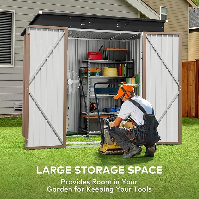 Gizoon 6' x 4' Outdoor Storage Shed with Double Lockable Doors, Anti-Corrosion Metal Garden Shed, Waterproof Shed Outdoor Storage Clearance for Backyard Patio Lawn-Brown
