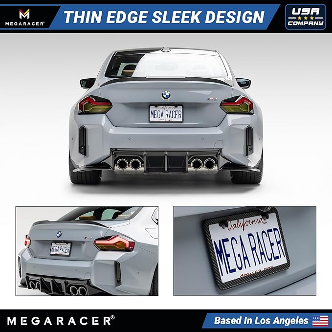 Premium Slim Carbon Fiber Design License Plate Frames – 2 Pack, Rust-Free Stainless Steel & Rattle-Free, Street Legal, Universal with Screw Caps Cover, Thin Metal Front & Rear Car Tag Holders for Men