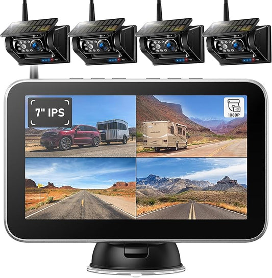 4 Magnetic Solar Wireless Backup Camera HD1080P 7" DVR Monitor, 3Mins No-Wire Installation, 9600mAh Solar Rechargeable Rearview RV Backup Cameras Wireless for Trailer RV Trucks, BL704