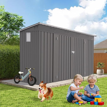 4x9 FT Outdoor Storage Shed,Metal Shed W/Window,Garden Storage Shed W/ 6 Air Vents & 2 Swing Doors,Weatherproof Tool House W/Sloped Roof,for Backyard Patio Lawn,Gray