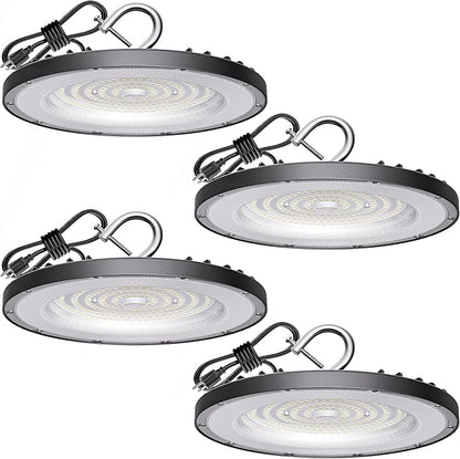 4 Pack UFO LED High Bay Light 150W(600W MH/HPS Equiv.), 21000lm, 5000K Daylight High Bay LED Shop Lights with 5' Cable US Hook, IP65 Commercial Light Fixture for Warehouse Workshop Barn Factory