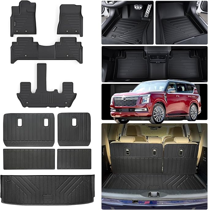 Floor Mat for 2025 Nissan Armada Only Suit for 7 Seats, TPE All Weather Protection Floor Liners & Cargo Liners Velcro Covering The Backrest (for 2025 Nissan Armada-7)