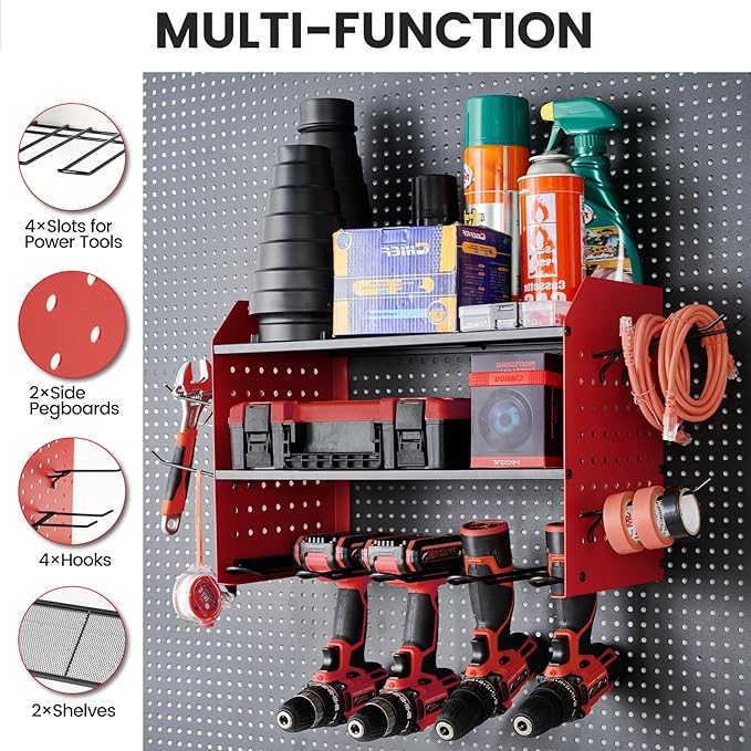 TRZZ Power Tool Organizer Wall Mount, 3-Layer Drill Holder with 2 Side Pegboards, Cordless Drill Rack with 4 Hooks, Efficient Storage for Workshop, Garage, and Tool Room (Red)
