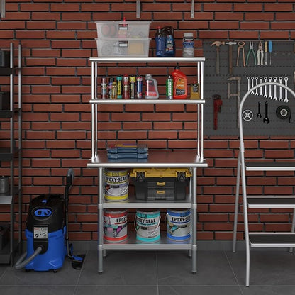 Amgood Stainless Steel Work Table with 2 Shelves | Metal Kitchen Prep Table & Shelving Combo (18" x 36" Table with 2 Shelves + 12" Overshelf)
