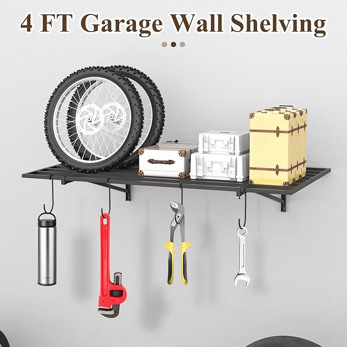 PEKGRIL Garage Wall Shelving Set of 2, 2X4 ft, Black, Contemporary Style, Heavy Duty, 2 Shelves, 8 Hooks, 260 lbs Capacity Each, Wall-Mounted, Metal, Alloy Steel, 2 Count