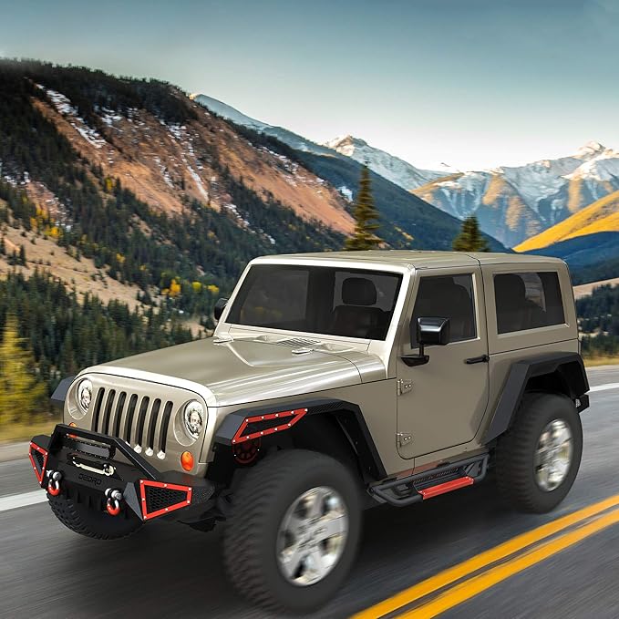 OEDRO 6 inch Running Boards, Drop Side Steps Compatible with 2007-2018 Jeep Wrangler JK 2 Door, Steel Nerf Bars Red Paintable Step Plates