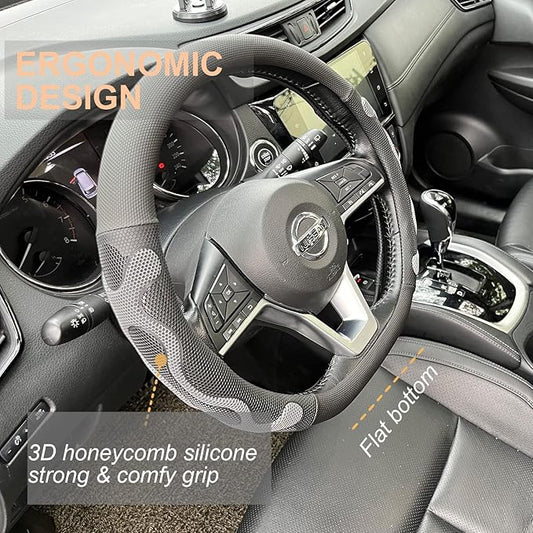 PINCTROT D Shaped Comfy Grip Steering Wheel Cover, Anti-Slip Design, Flat Bottom 14.5-15 Inch(Silicone Gray)