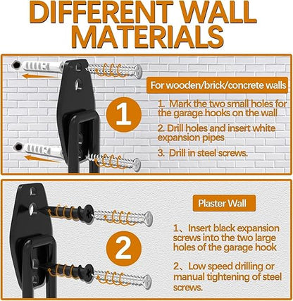 3-H Garage Wall Hooks 62 Pack, Heavy Duty Garage Hooks with Extra Welding Spots, Wall Mount Storage Organizer for Hanging Garden Lawn Tools, Ladder, Bike, WeedEater, Chair, Shovel, Blower (Orange)