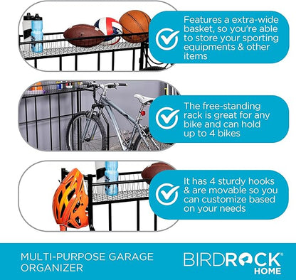 BIRDROCK HOME Bike Rack Garage Storage Floor Stand - Freestanding Organizer for Outdoor Yard - Upright Wall Mount for Scooters, Rakes, Motorcycles, Hoverboards, Gloves - Holds 4 Bicycle - Black