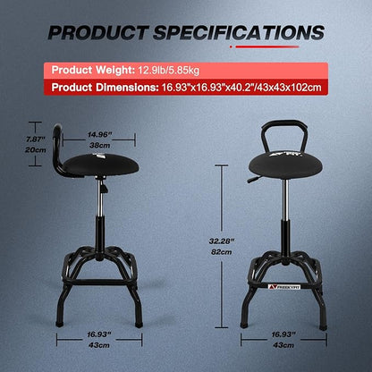 Garage Stool, Adjustable Height Swivel Work Mechanic Shop Stool with Backrest, Pneumatic Shop Chair for Home, Workshop, 300 LBS Capacity, 360° Rotation, Heavy Duty, Black