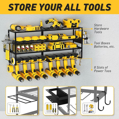 Large Power Tool Organizer Wall Mount for Fathers Dad, 4 Layers Heavy Duty Metal Garage Organization Loads 360lbs with 8 Cordless Drill Holder, Power Tool Shelf for Garage Workshop, Utility Racks