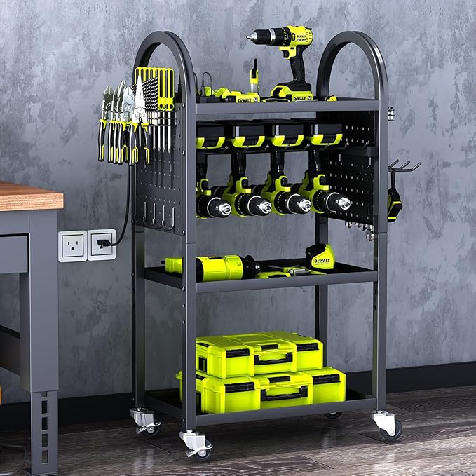 KAFAHOM Power Tool Organizer - 4 Tier Rolling Tool Cart with 8-12 Drill Holder,Tool Storage Cart on Wheels - Heavy Duty Metal Utility Tool Shelf for Garage, Workshop, Warehouse & Repair Shop