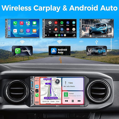 PLZ 7" QLED Wireless Double Din Car Stereo - Apple CarPlay & Android Auto, 240W 4.2CHN, 2 Subwoofers Outputs, SWC, Bluetooth, FM/AM Car Radio, Backup Camera