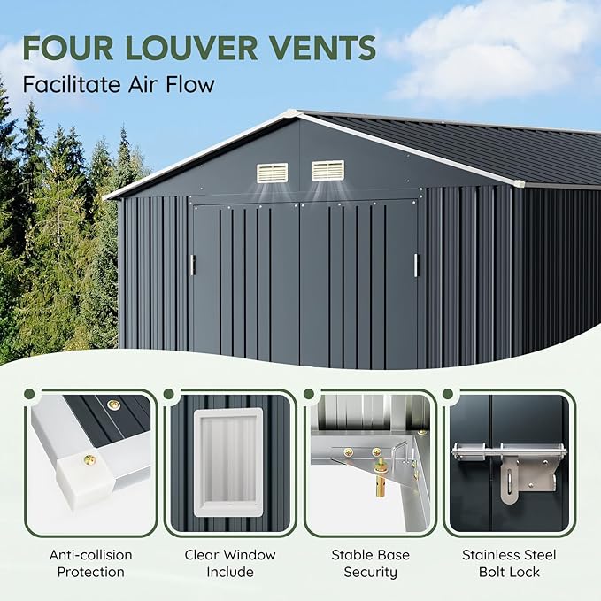 10x10 FT Outdoor Metal Storage Shed with Floor Frame, Double Swing Doors, 2 Clear Windows,Tool Shed for Garden, Patio, Backyard