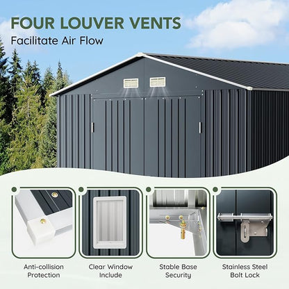 10x10 FT Outdoor Metal Storage Shed with Floor Frame, Double Swing Doors, 2 Clear Windows,Tool Shed for Garden, Patio, Backyard