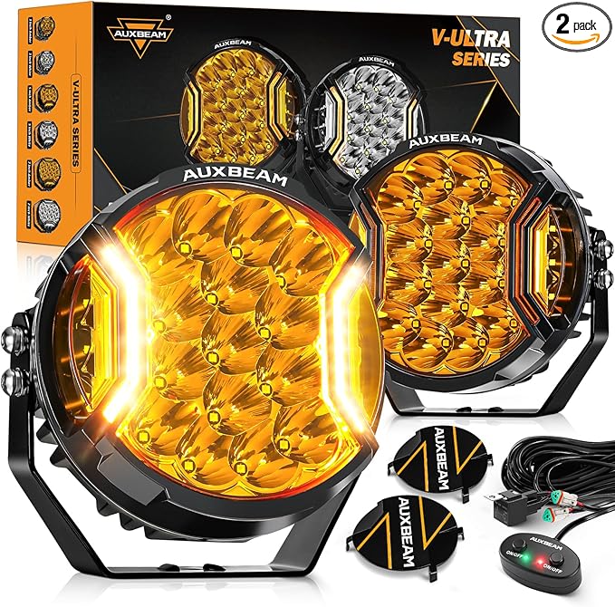 Auxbeam V-Ultra Series 7" 226W Side Shooter LED Offroad Lights, Amber DRL 3 Modes Light Bar, 270° Coverage Round LED Pods Spotlights, 26800LM Yellow Fog Lights with Protective Covers, Pair