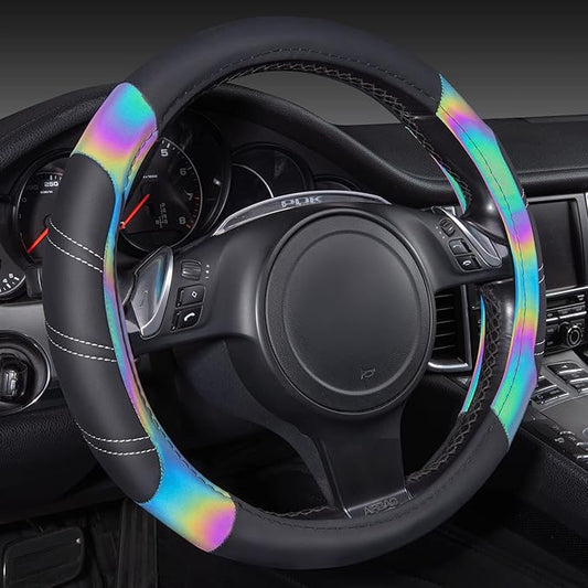 CAR PASS Line Rider Microfiber Leather Sporty 14.5-15 inch Steering Wheel Cover Universal Fits for 95% Truck,SUV,Cars, Anti-Slip Safety Comfortable Design (Black Reflective)