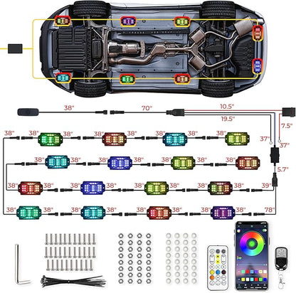 16 Pods 336 LEDs 5 Sides RGB Rock Lights, App/Remote Control Rock Lights for Trucks, Waterproof Multi-Color Bright Underglow Kits with Music Mode, Compatible with 12V Jeep UTV SUV ATV Golf RZR