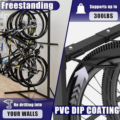 Freestanding Bike Storage Rack, Vertical Bike Holder Holds Up to 5 Bikes, Durable Solid Steel Bicycle Stand for Indoor Garage