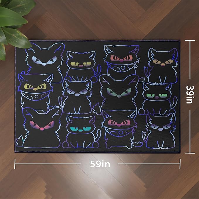 Black Play Cat Rug for Playroom for Boys Girls 59"x39" Funny Cute Cat Cartoon Decor for Bedroom Living Room Non-Slip Comfy Floor Casual Mat Carpet Washable