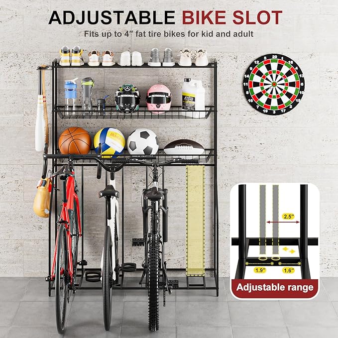 4 Bike Stand, Bike Rack Garage with 3-Tier Storage Rack, Bicycle Stand for Garage Organizer, Indoor Sporting Gear Storage Station for Mountain/Road/Hybrid & Fat Tire Bike, Patent Pending