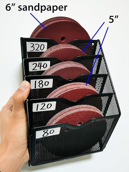 5-Tier Wall Mount All Metal Sandpaper Organizer, Hanging Sandpaper Storage Rack Holder for 5" & 6" Sanding Discs, Woodworking Tool Box Accessories (Black)