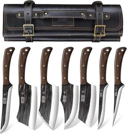 Butcher Knife Set, Hand Forged Butcher Chef Knife Set with Roll Bag, Sharp Meat Cleaver Knife & Bone Chopper Knives & Fillet Knives for Home & Camping & BBQ Gift for Men
