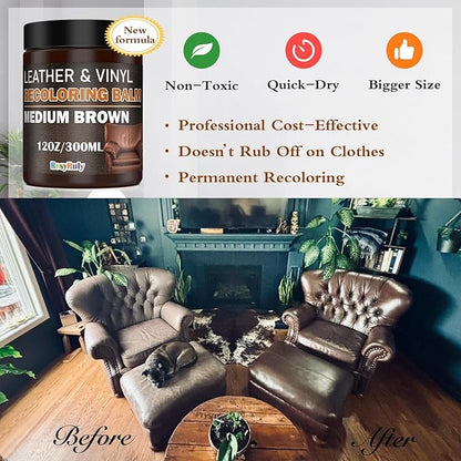 Leather Recoloring Balm Medium Brown Dye Vinyl Car Interior Leather Boat Seat Paint Furniture Couch Recliner Chair Boot Jacket Shoe Bag Purse Belt Color Restorer Fading Stain Scratch Remover Repair