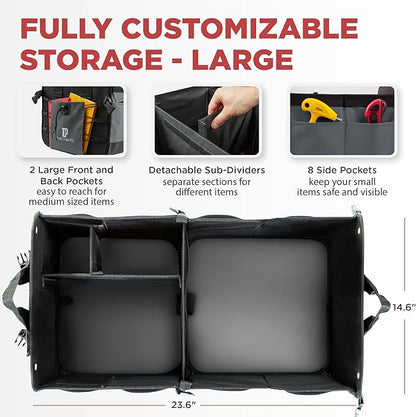 TRUNKCRATEPRO Trunk Organizer For Car, Suv, Truck | Premium Adjustable Multi Compartments Collapsible Car Trunk Organizer With Securing Straps & Non-Slip Bottom (Large Size, Grey)
