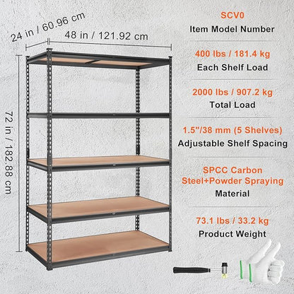 VEVOR Storage Shelving Unit, 5-Tier Adjustable Storage Shelves, 48" L x 24" W x 72" H Heavy Duty Garage Storage Shelves, Metal Shelves for Kitchen Pantry Basement Bathroom Laundry