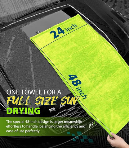 KKV Full-Sized SUV Drying Towel, 48”x24” Dual Sided Microfiber Car Cleaning Towel with Twisting Yarn Technique, 1400GSM Super Absorbent, Scratch-Free, Machine Washable (Darkgray-GreenYellow)