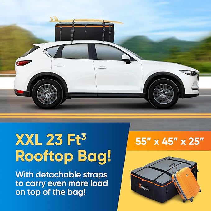 Heavy-Duty Waterproof Roof Bag – 23 Cubic Feet Rooftop Cargo Carrier, Soft Luggage Carrier with Protective Mat (Roofbag for SUVs and Cars) – Compatible with Racks or Without